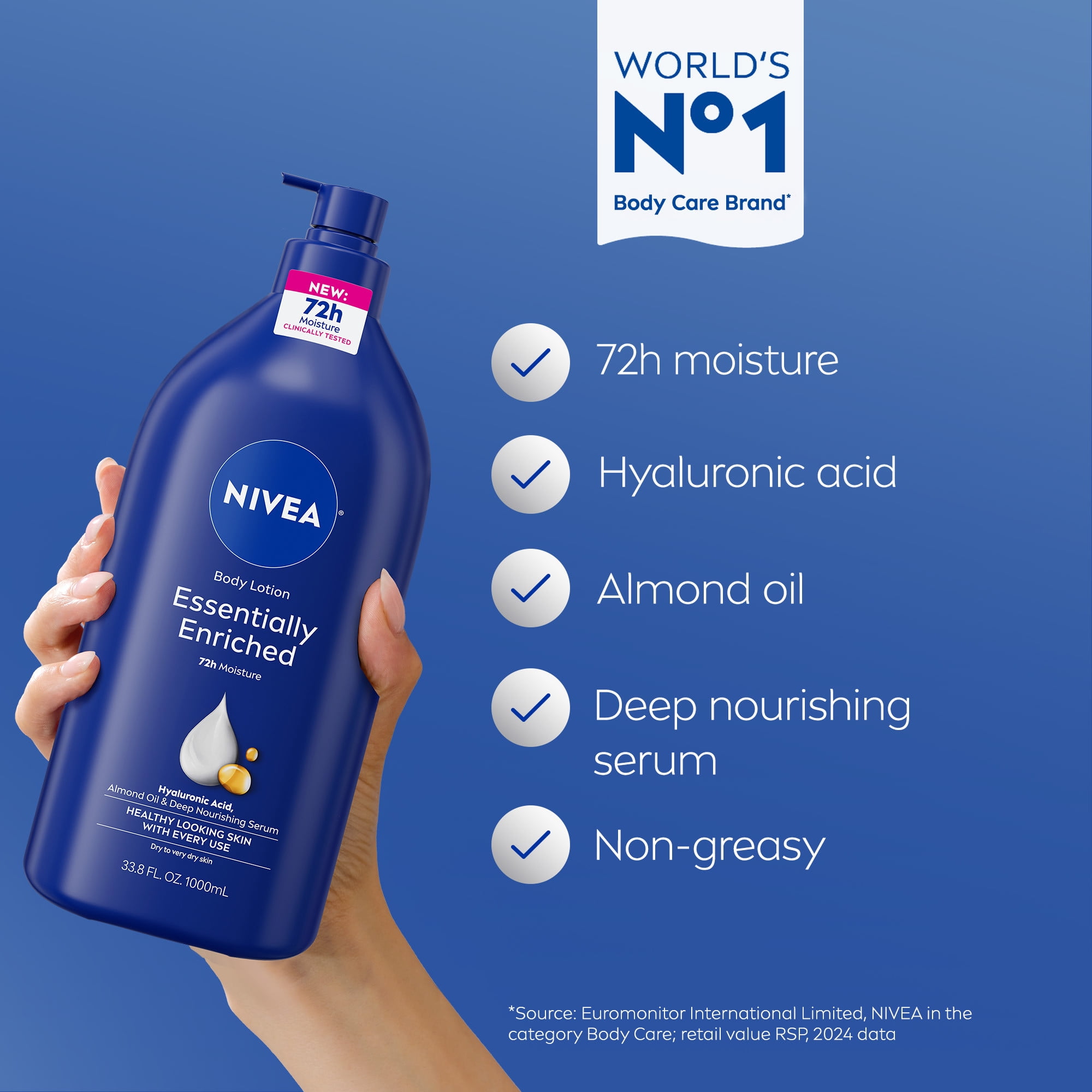 (3 pack) NIVEA Essentially Enriched Body Lotion for Dry Skin with Hyaluronic Acid and Almond Oil, Value Size 33.8 fl oz