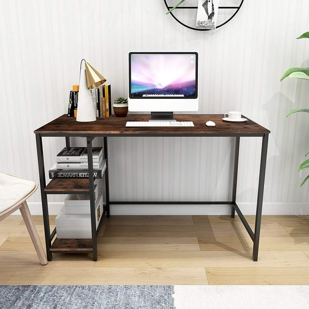 Bureau d'ordinateur d'écriture Table d'étude simple pour bureau à domicile  Cadre en métal Assemblage facile avec 2 étagères de rangement, Noir +  Marron 
