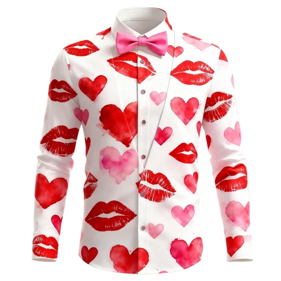 CONZONE Valentines Mens Buttons Down Shirts Long Sleeve Shirts For Men Trendy Valentine'S Day Lip Graphic Lapel Soft Lightweight Tops