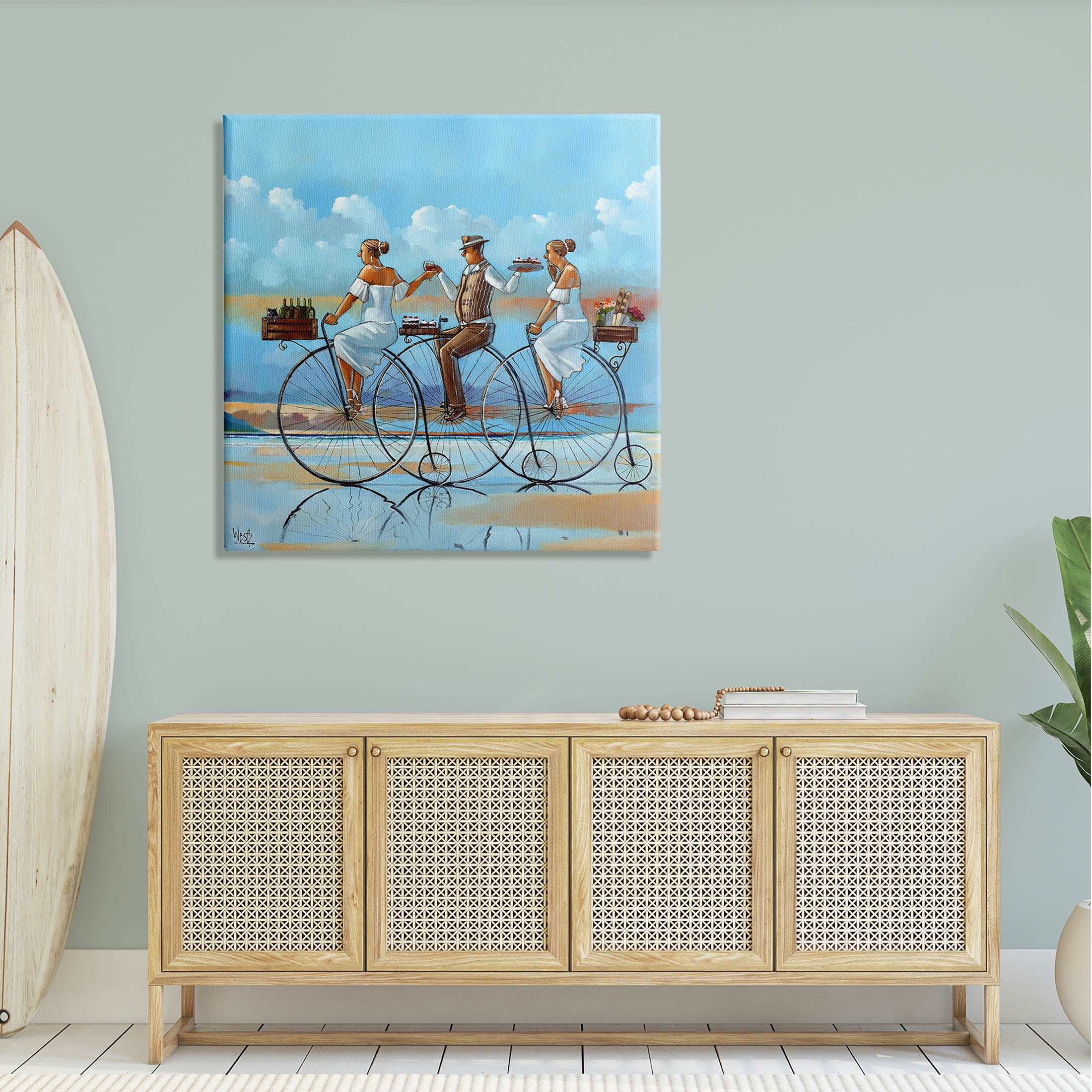 Summer Shore Bicycle Ride Coastal Painting Gallery Wrapped Canvas Print Wall Art
