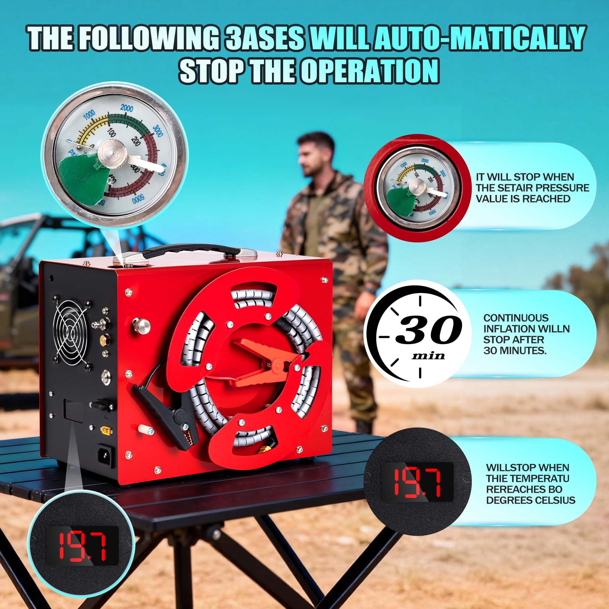 PCP Air Compressor, 4500Psi/30Mpa, Unique Wire Spool Portable Design, Auto-Stop, Oil/Water-Free, 8MM Quick-Connector, 110V AC or 12V Car Battery
