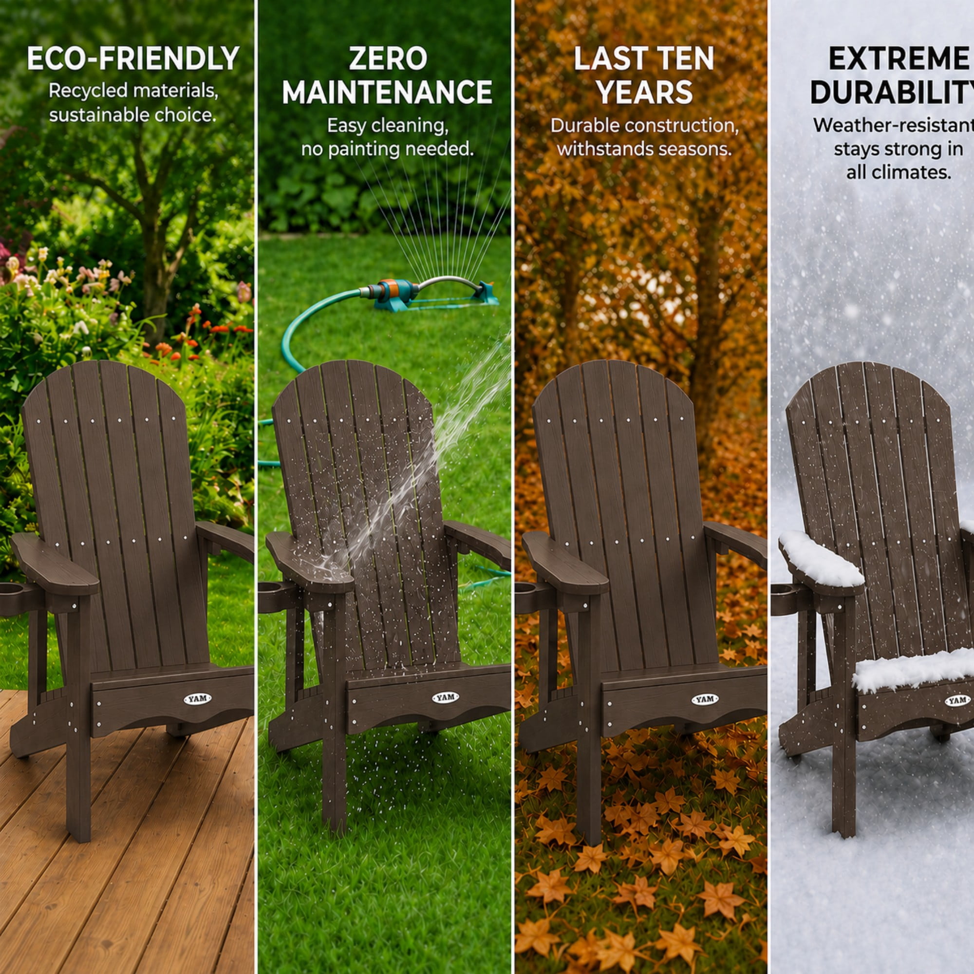 Y&M Adirondack Chair, HDPE Weather Resistant Outdoor Chair with Cup Holder, Dark Brown
