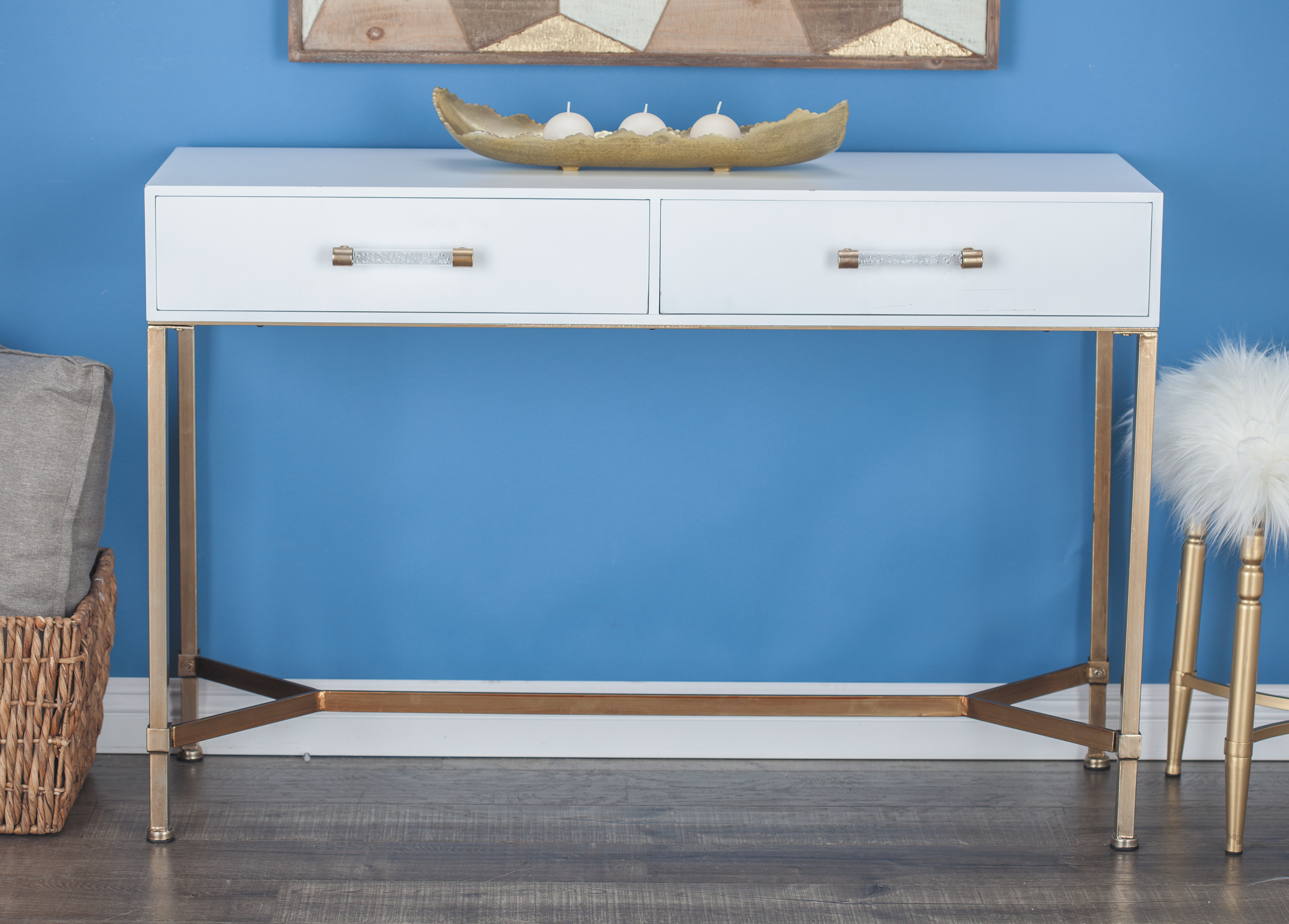 DecMode Wood and Iron Glam Console Table, White, 47"W