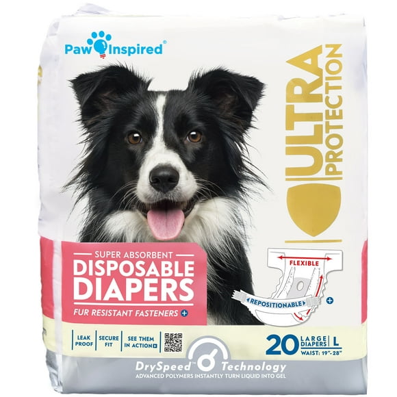 Paw Inspired Couches Jetables pour Chien Femelle/ Couches pour Chiens en Période de Chaleur, Aînés, Urine Excitable Ou Incontinence (Grand, 20 Unités)