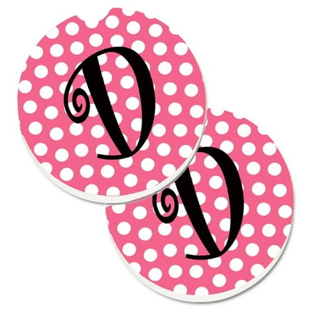 

Letter D Monogram Pink & Black Polka Dots Set of 2 Cup Holder Car Coaster
