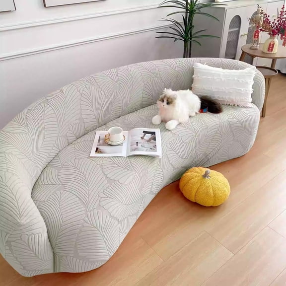 Stretch Semi-Circular Curved Sofa Cover, Jacquard Curved Couch Cover Non-Slip Modern Cloud Sectional Sofa Slipcover (Light Gray,4seat [ 92-118 inch])