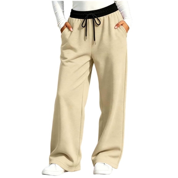 nerohusy Sweatpants for Girl Elastic High Waisted Drawstring Pants Casual Color Block Straight Wide Leg Pants with Pockets 9-10 Years