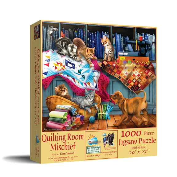 SUNSOUT INC - Quilting Room Mischief - 1000 pc Jigsaw Puzzle by Artist: Tom Wood - Finished Size 20" x 27" - MPN# 28874