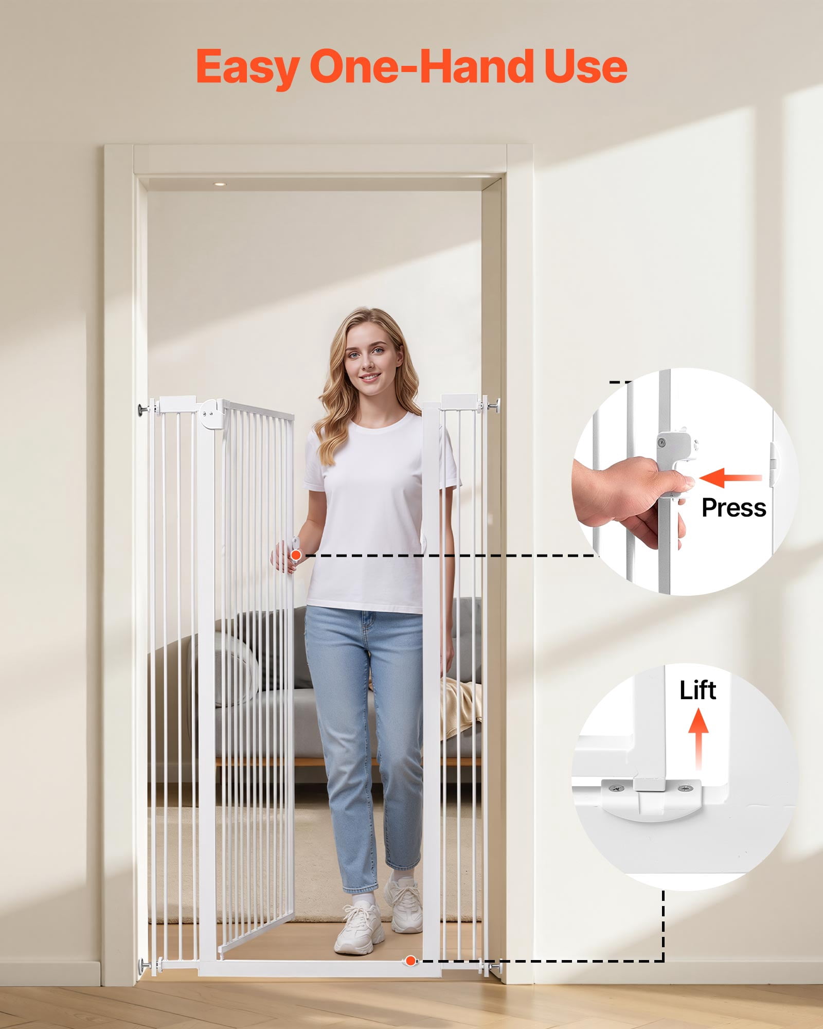 VEVOR Extra Tall Pet Gate for Cats, 29-41 in Adjustable Width, 56 in High Dog Gate, with Pressure Mount Kit and Wall Mount Kit, 1.3 in Narrow Bar Spacing, for Stairs, Doorways, and House, White