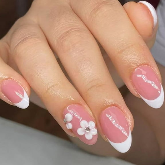 KUFptva Almond Press on Nails Glossy Fake Nails Stick on Nails in 12 Sizes 24Pcs French Nails Tips for Nails Art Decorations