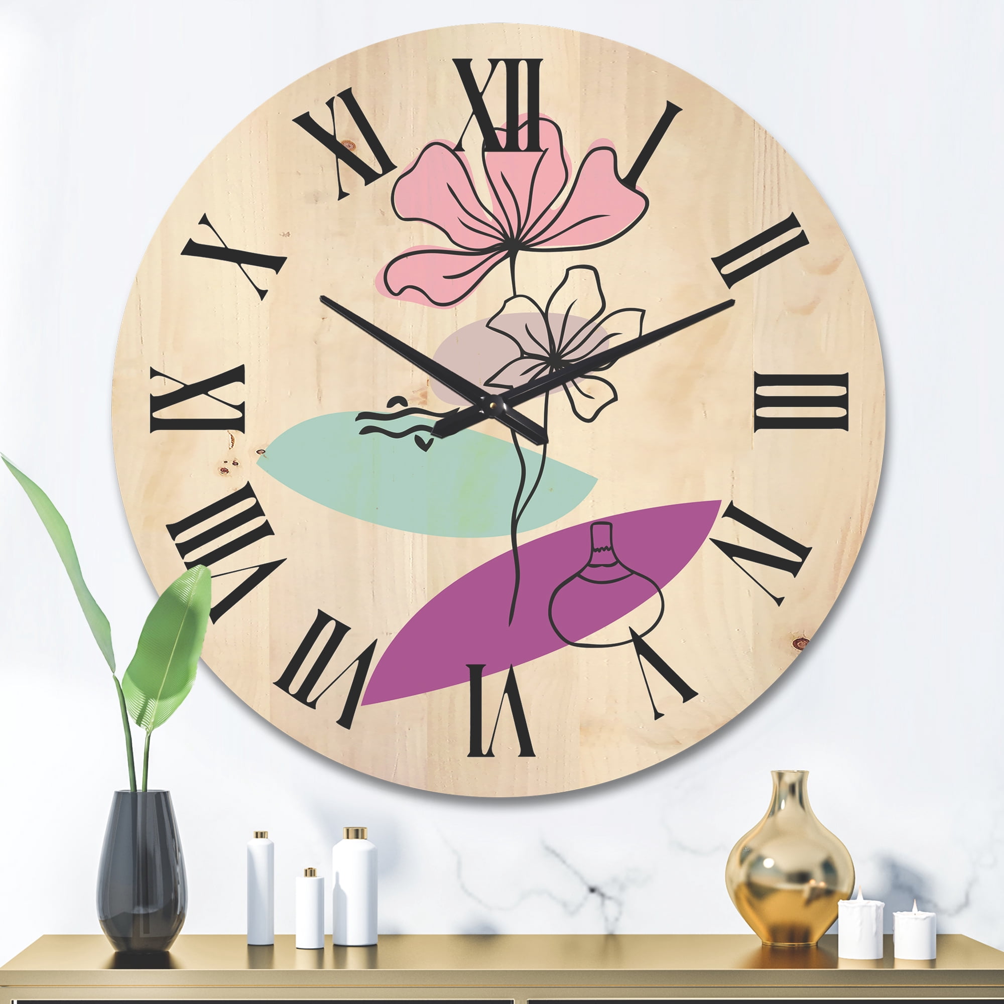 Designart 'Abstract Flowers Plants With Elementary Shapes IV' Modern Wood Wall Clock