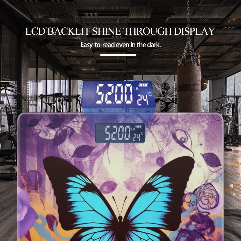 High Precision Body Weight Scale Smart Bathroom Scales with Large LCD Display(400lbs),Decorative for Bedroom-Blue Butterfly With Purple Flowers
