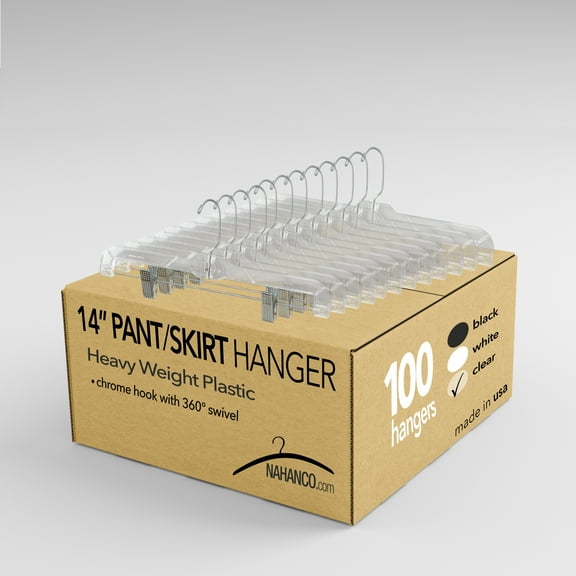 NAHANCO #600RCLH 14" Clear Heavy Weight Plastic Skirt/Pant Hangers with Long Hook and Chrome Hook (Pack of 100)