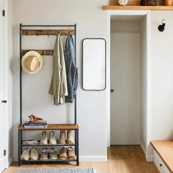 LEDREM Industrial Hall Tree with Shoe Bench, 3-in-1 Coat Rack with 9 Hooks & Storage Shelves, 68.9 Inch Entryway Organizer, Rustic Brown & Black