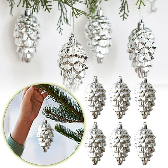 6PCS Glitter Pine Cone Christmas Tree Ornaments, Silver Sparkling Pinecone Hanging Decor with String for Xmas DIY Crafts Home Holiday and Fall Party Decoration