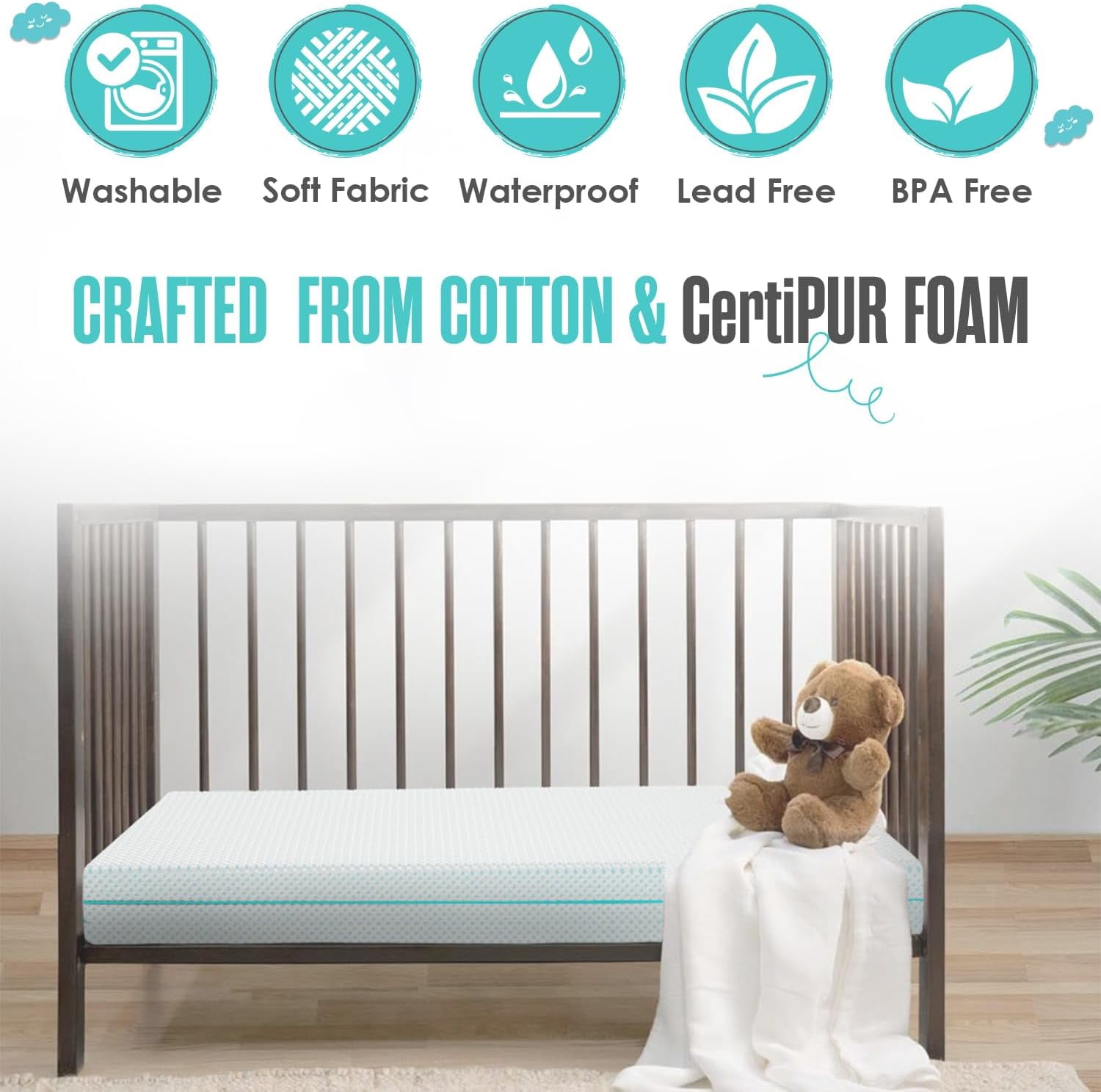 6” Crib and Toddler Bed Mattress – Made in USA – CertiPUR OEKO-TEX Certified – Breathable Waterproof Washable Removable Soft Cover – Dual Sided Firm for Babies and Plush for Toddlers Blue