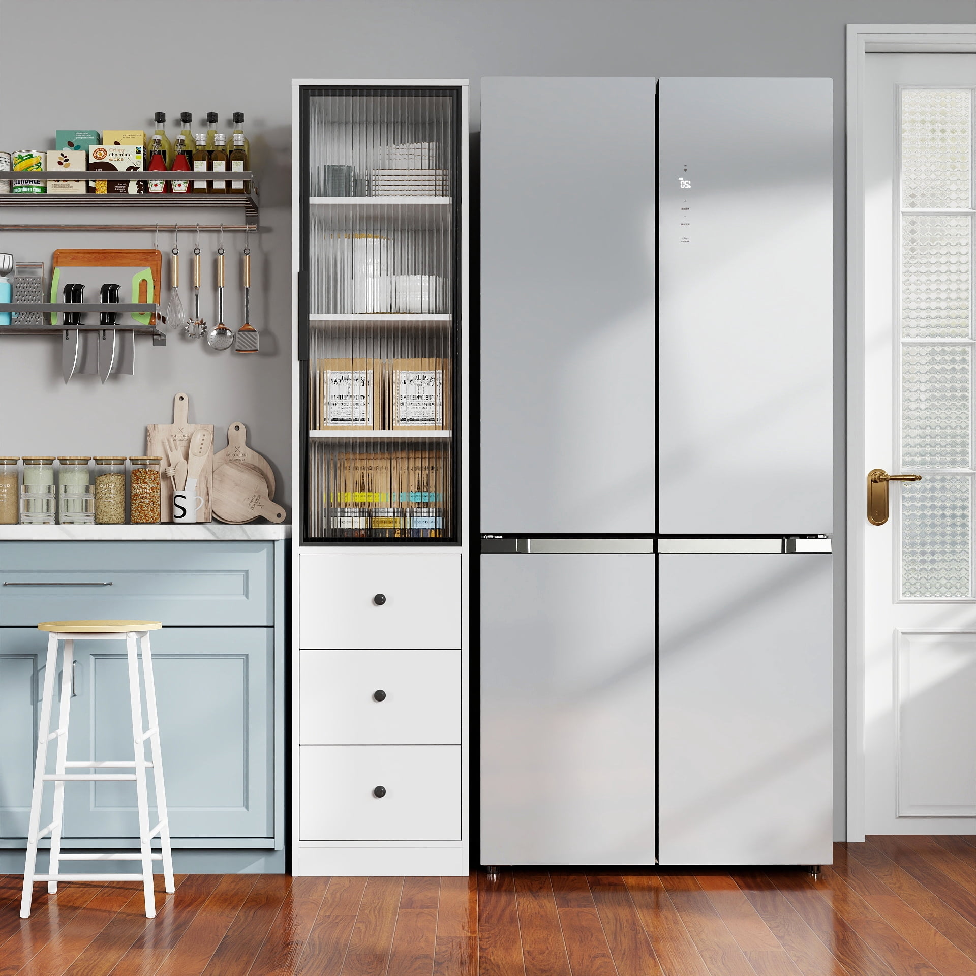 Tall Bathroom Storage Cabinet Narrow Unit with Glass Door 3 Drawers, White