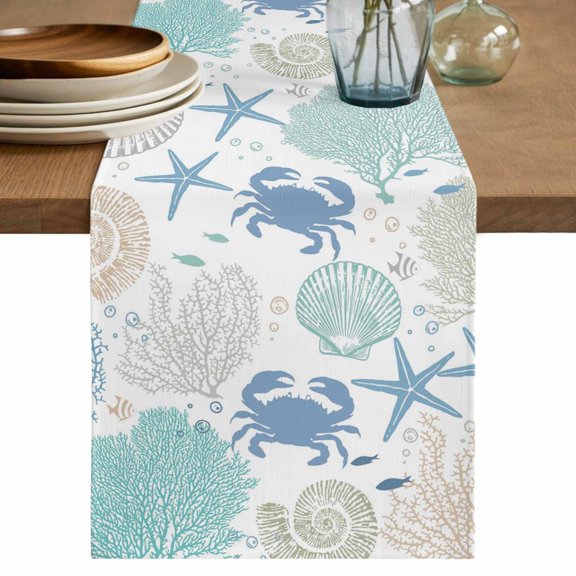 Coral Crab Coastal Table Runner 48 Inches, Blue Summer Nautical Starfish Bed Runner Dresser Scarves Tabletop for Indoor Outdoor Parties/Ceremony/Banquet, 13" x 48"
