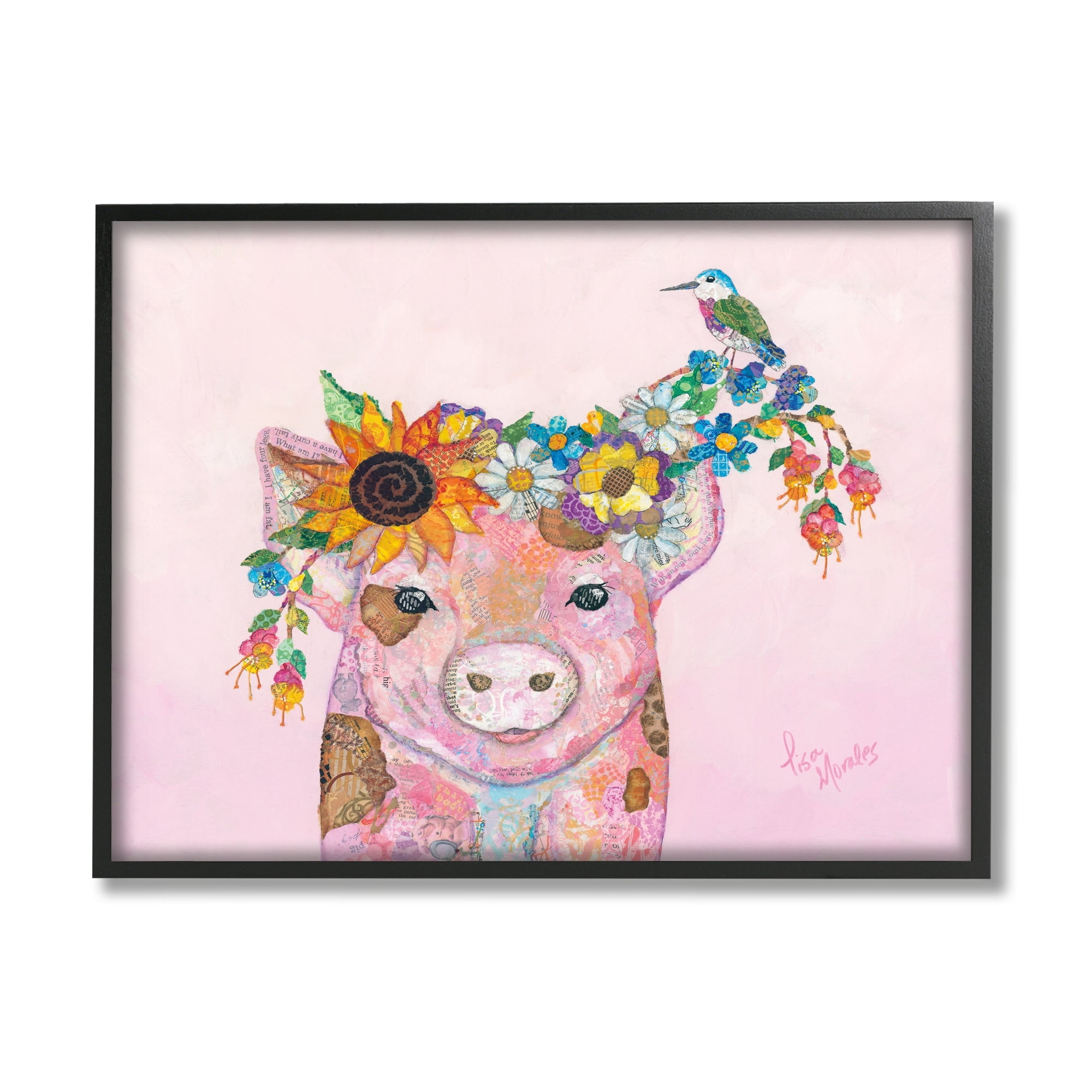 Stupell Industries Floral Pink Little Piggy & Bird Animal Collage Painting Black Framed Art Print Wall Art, Design by Lisa Morales
