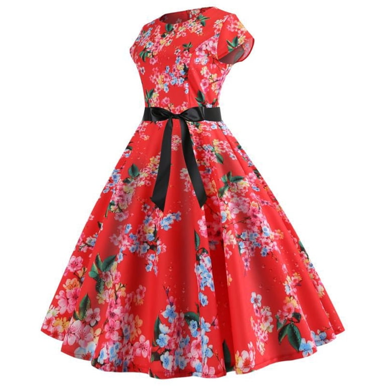 Cavosen Womens 50s Dresses Knee Length Dresses Short Sleeve Vintage Retro Floral Tea Dress Midi A Line Dress Crewneck Party Dress Evening Prom Gown