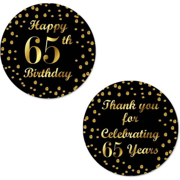 65th Birthday Round 2 Inch Big Glossy Stickers, Thank You for Celebrating 65 Years Black and Gold Labels, Great for Party Favors, Decorations, Tags, Gift Bags and Supplies
