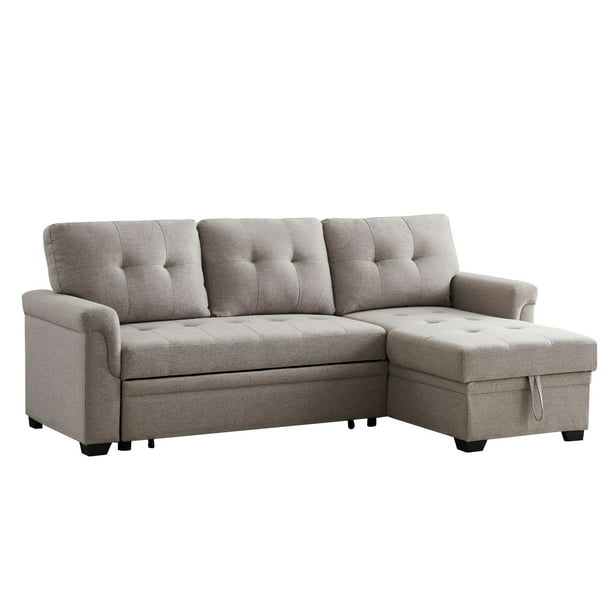 86 Lucca Light Gray Linen Reversible, 86 Lucca Gray Linen Reversible Sleeper Sectional Sofa With Storage Chaise