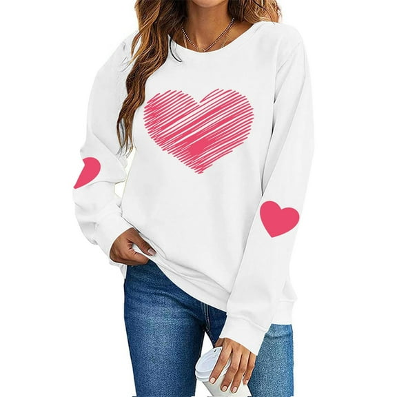 Hearts Printed Tops for Women Cute Valentines Day Holiday Outfits Long Sleeve Crewneck Sweatshirt Lover Gifts (XS, White #E)