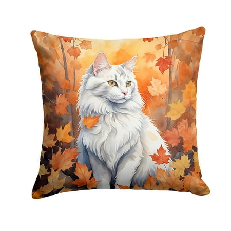 Turkish Angora Cat in Fall Leaves Throw Pillow Machine Washable Indoor Outdoor Decorative Pillow for Couch Bed or Patio 18Hx18W