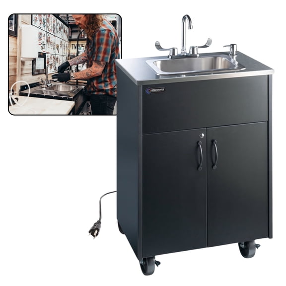 Ozark River Portable Sinks Premier S1D, Deep Stainless Sink Basin-Black Laminate Cabinet, Mobile Hot Water Hand Washing Station with Water Tanks, NSF-Certified 110v Handwashing Sink with Wheels