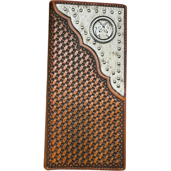 Western Stakes Mens Long Wallet Basketweave Tooled Cow Hair Leather Six Shooter Concho Checkbook Style Cowboy Hand Crafted High End Mens Wallets Leather Gifts For Men (Brown)
