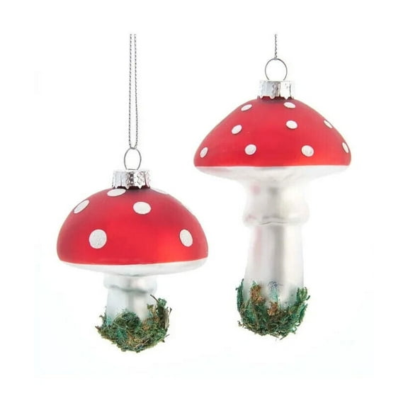Set of 2 RED & WHITE MUSHROOM Glass Christmas Ornaments by Kurt Adler