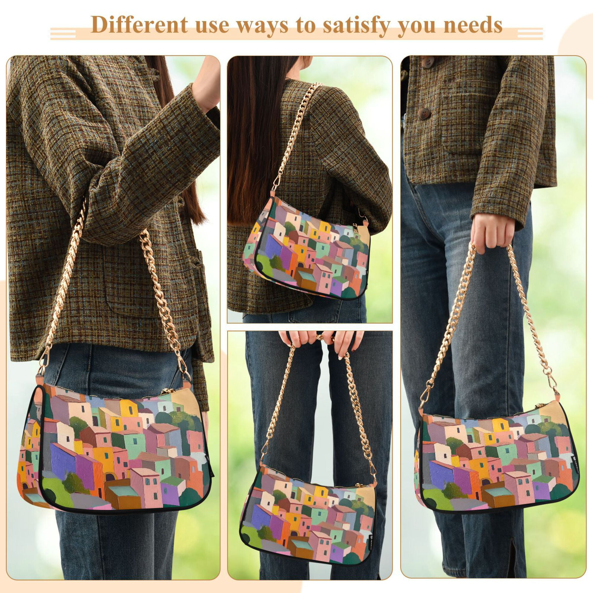 FORMRS Womens Shoulder Bag with Chain Strap Clutch Purse Cute Tote Handbag, Purple Cityscape Painting