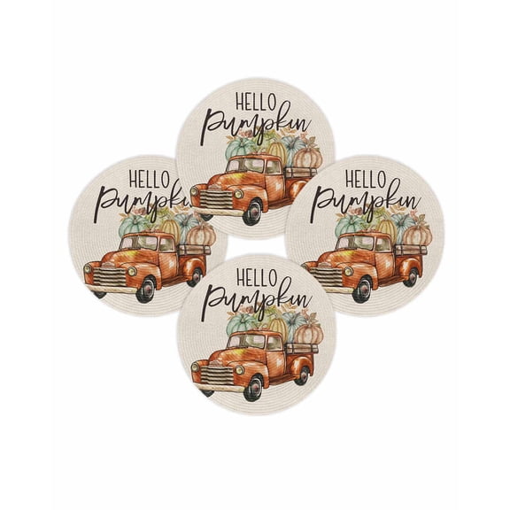 Fall Round Placemats Set of 4 Watercolor Orange Truck Place Mats Thanksgiving Woven Placemat Pumpkin Leaves Beige Circle Braided Table Mat for Kitchen Dining Table Autumn Party Home Decor 15 Inch