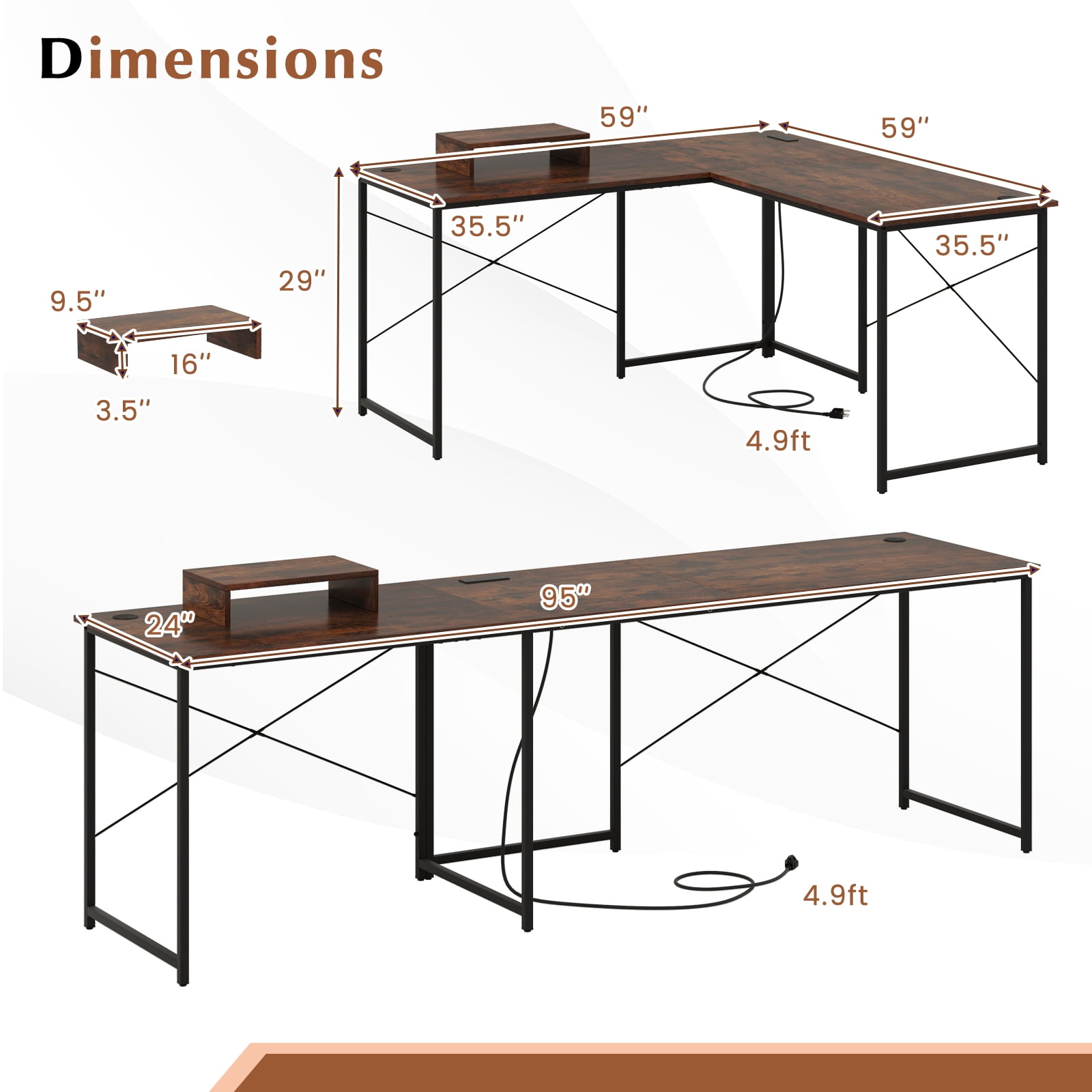 Giantex 95 Inch Reversible Corner Desk, L-Shaped Computer Desk w/Monitor Stand & 3 Cable Holes, 2-Person Long Study Writing Desk for ome Office, Rustic Brown