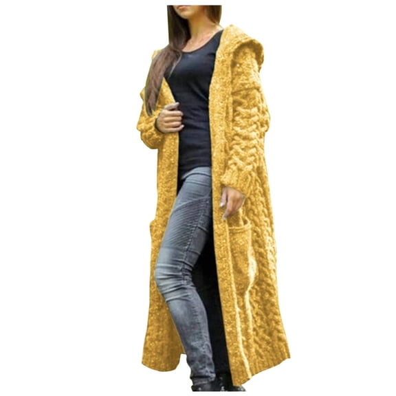 Long Sleeve Loose Fit Hooded Cardigan Cable Knit Design Front Button High Slit for Women Wear