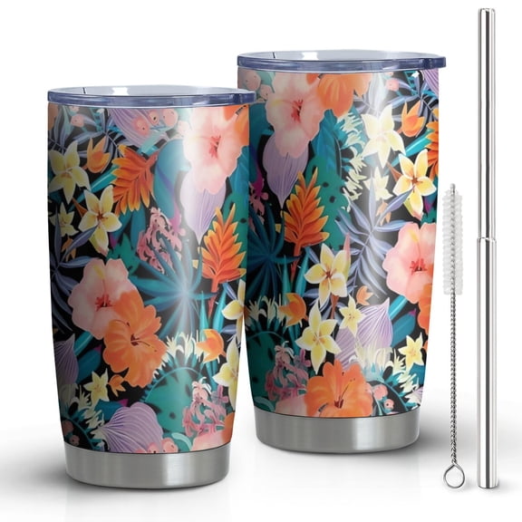 20oz Tumblers Pioneer Flower Floral Print Pattern Stainless Steel Vacuum Insulated Double Wall Travel Tumbler Cups Mug with Lid and Straw,Cleaning Brush for Cold & Hot Drinks