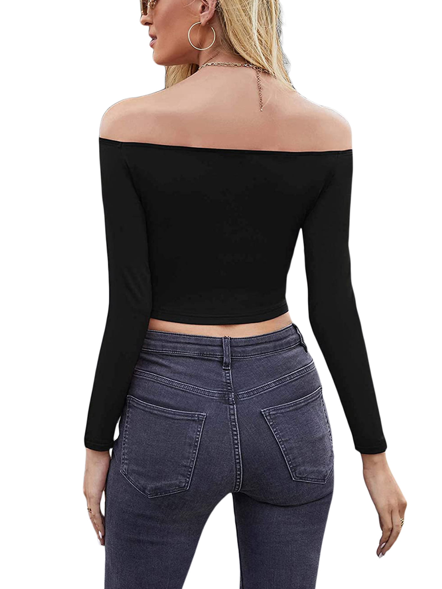 Cioatin Women Sexy Off Shoulder Long Sleeve Crop Tops Tight Form