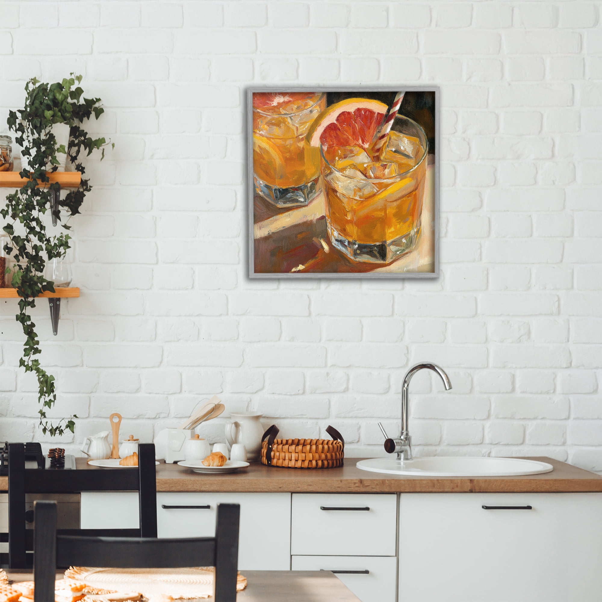 Stupell Industries Grapefruit Cocktail with Ice Cubes Gray Framed Giclee Art, design by Petal Prints Design