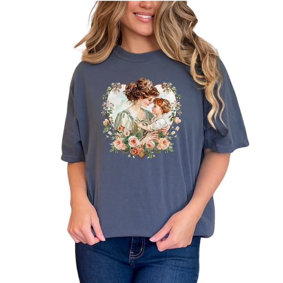 Mother Child Bonding Heart Design T-Shirt, Vintage Floral Art Tee, Gift for Mom and Daughter, Mother's Day Special Graphic Top, Denim Comfort Colors T-Shirt, Small