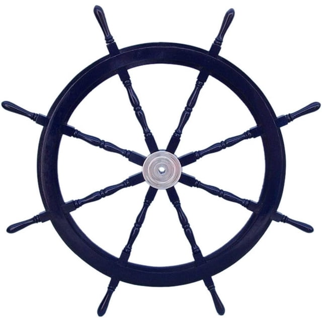 Hampton Nautical Deluxe Class Dark Blue Wood and Chrome Decorative Ship Steering Wheel 48" - ation
