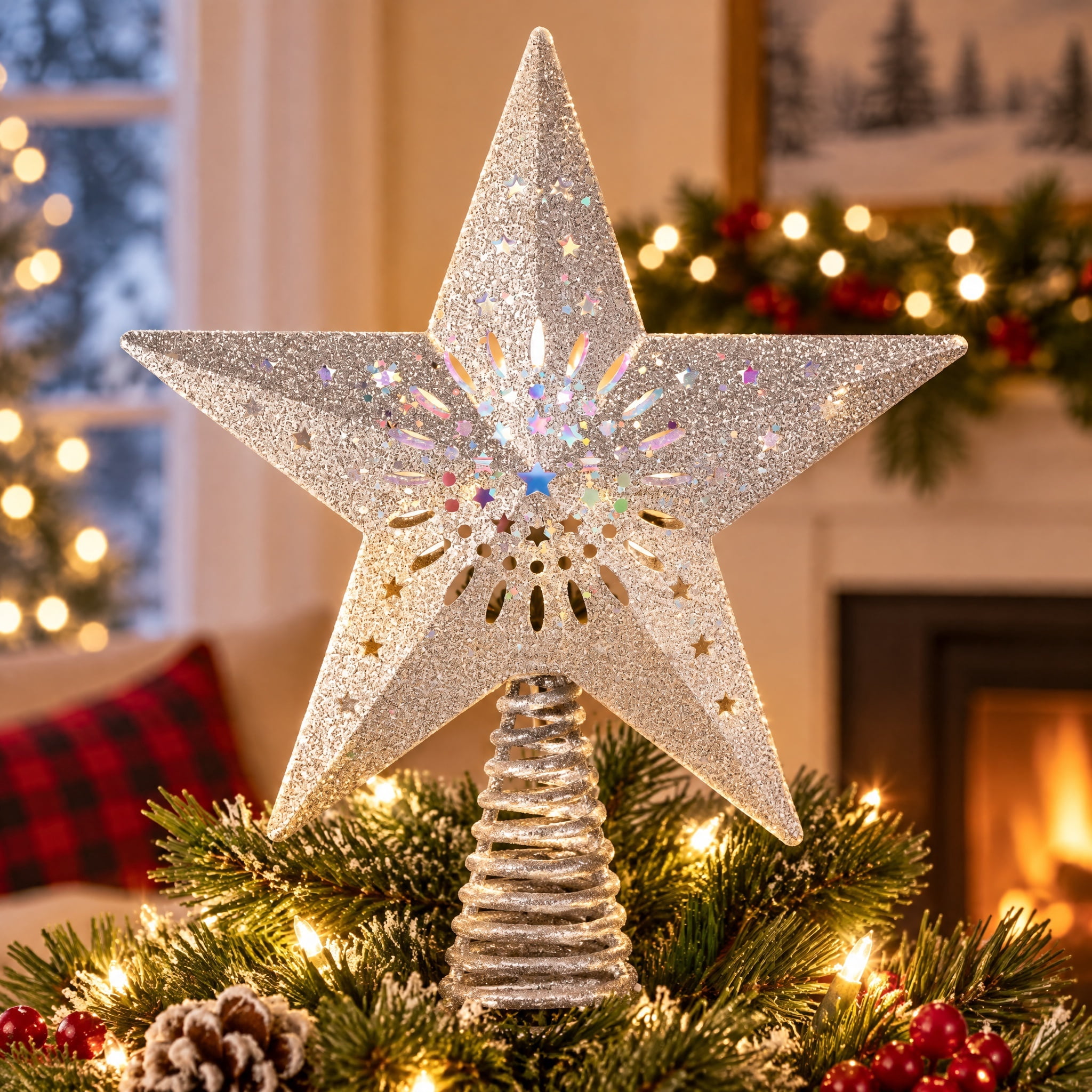 Projection LED Star Christmas Tree Topper, Silver, 10", by Holiday Time