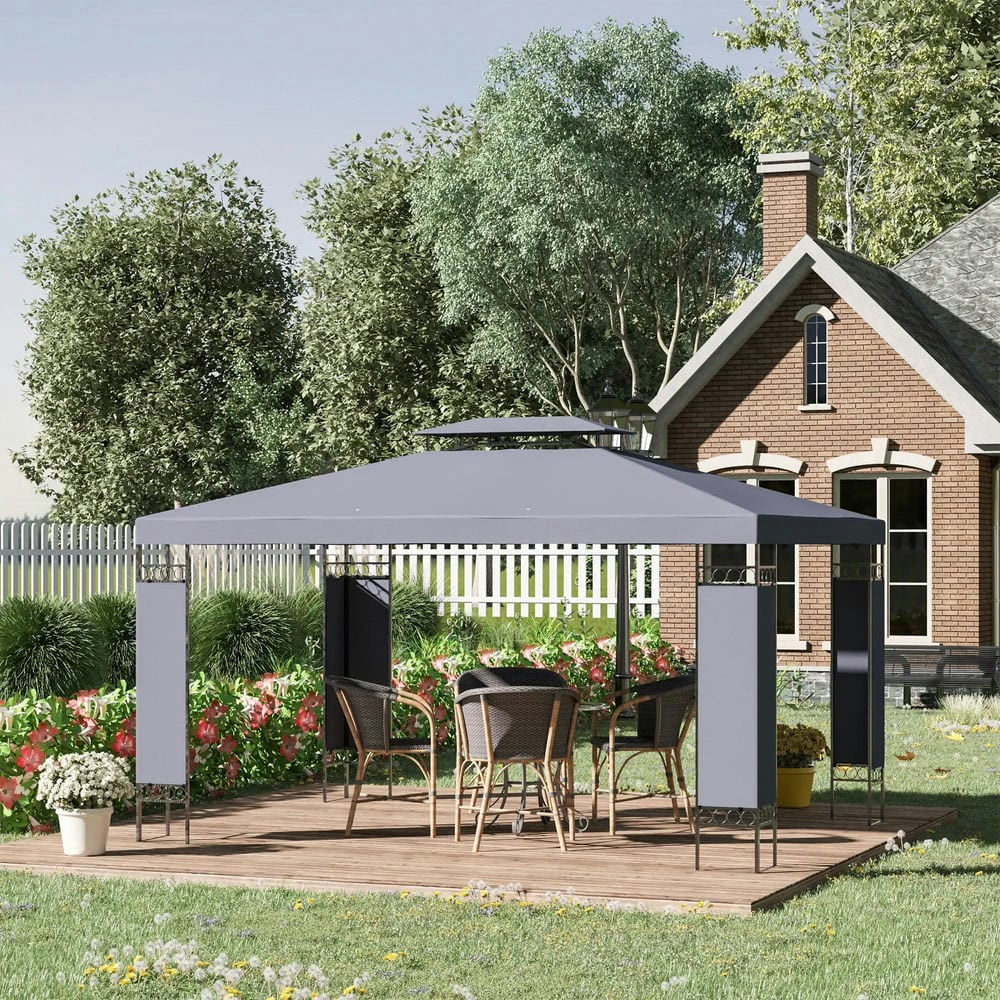 GVN Patio Garden Pergola, Pergola Canopy,10' x 13' Double Roof Outdoor Gazebo Canopy Shelter with Screen Decorate Corner Frame, Gray
