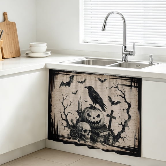 Halloween Cabinet Curtains for Kitchen 11"Wx13"L, Fall Vintage Sitting Black Cat Goth Skull Dark Academia Rustic Vanity Cabinet Curtains Magic Tape Short Curtain Decor Privacy Panel for Bathroom