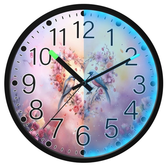 Ryvnso Birds with Heart Flowers 12 Inch Night Light Wall Clock Silent Battery Operated Luminous Clocks