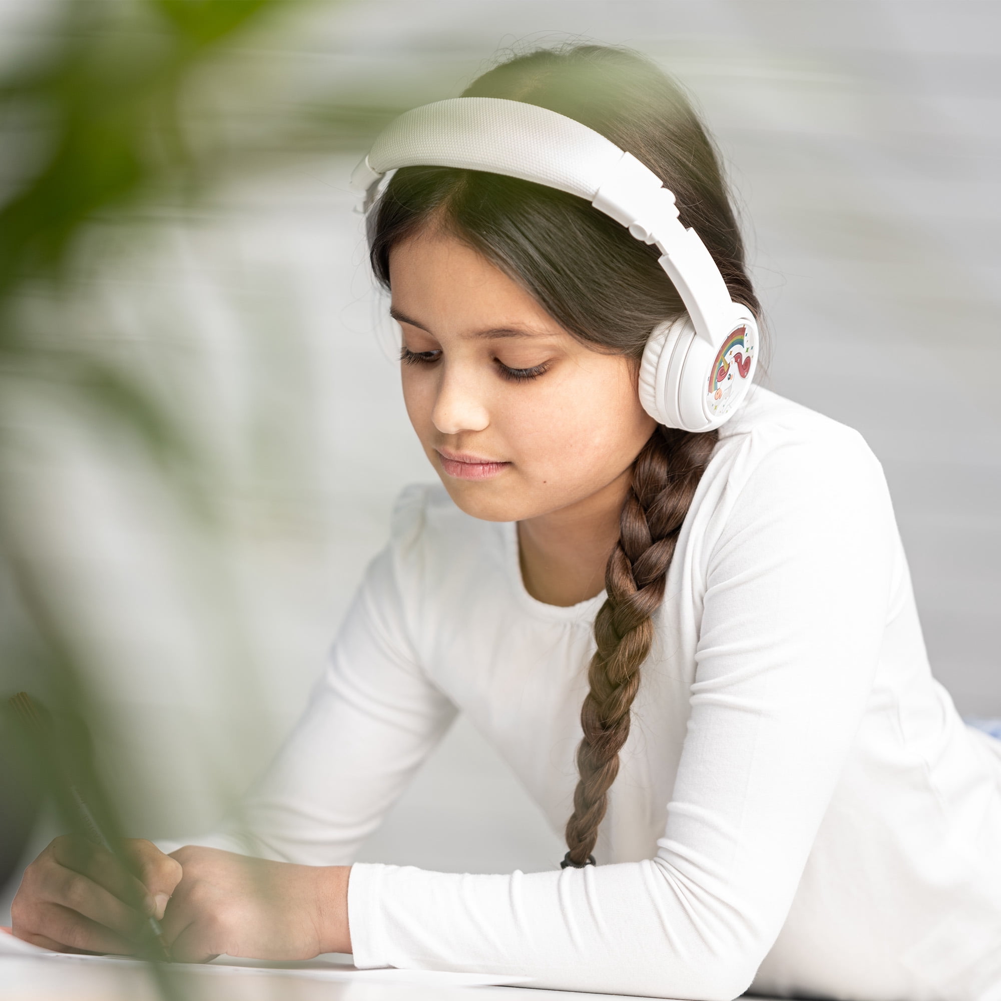 BuddyPhones Play+, On-Ear Bluetooth Wireless or Wired Foldable Kids Headphones with Mic, 3 Volume Limiting Settings, Voice Enhance StudyMode, 20-Hours Battery, Customizable Stickers, Snow White