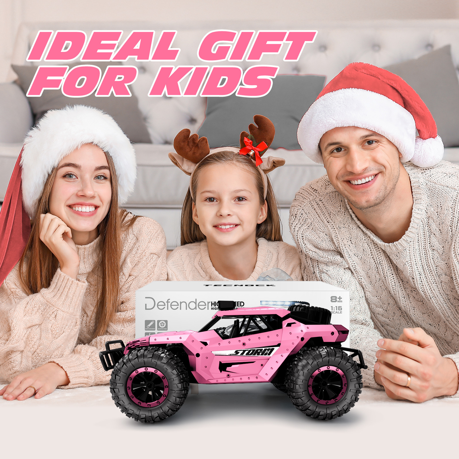 Tecnock Pink RC Car 1/16 Scale Remote Control Car for Girls, High Speed 20+ KM/H All Terrains Rc Monster Truck with Two Rechargeable Batteries & Head Chassis Lights Gift Toy for Kids Adults