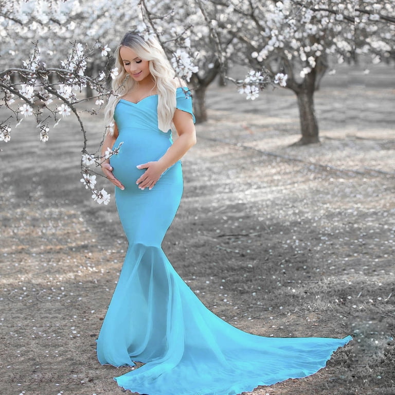 blue mermaid maternity dress Long Sleeves Royal Blue Mermaid Maternity Dress for Photo Shoots Photography Gown for Baby Shower YW220119