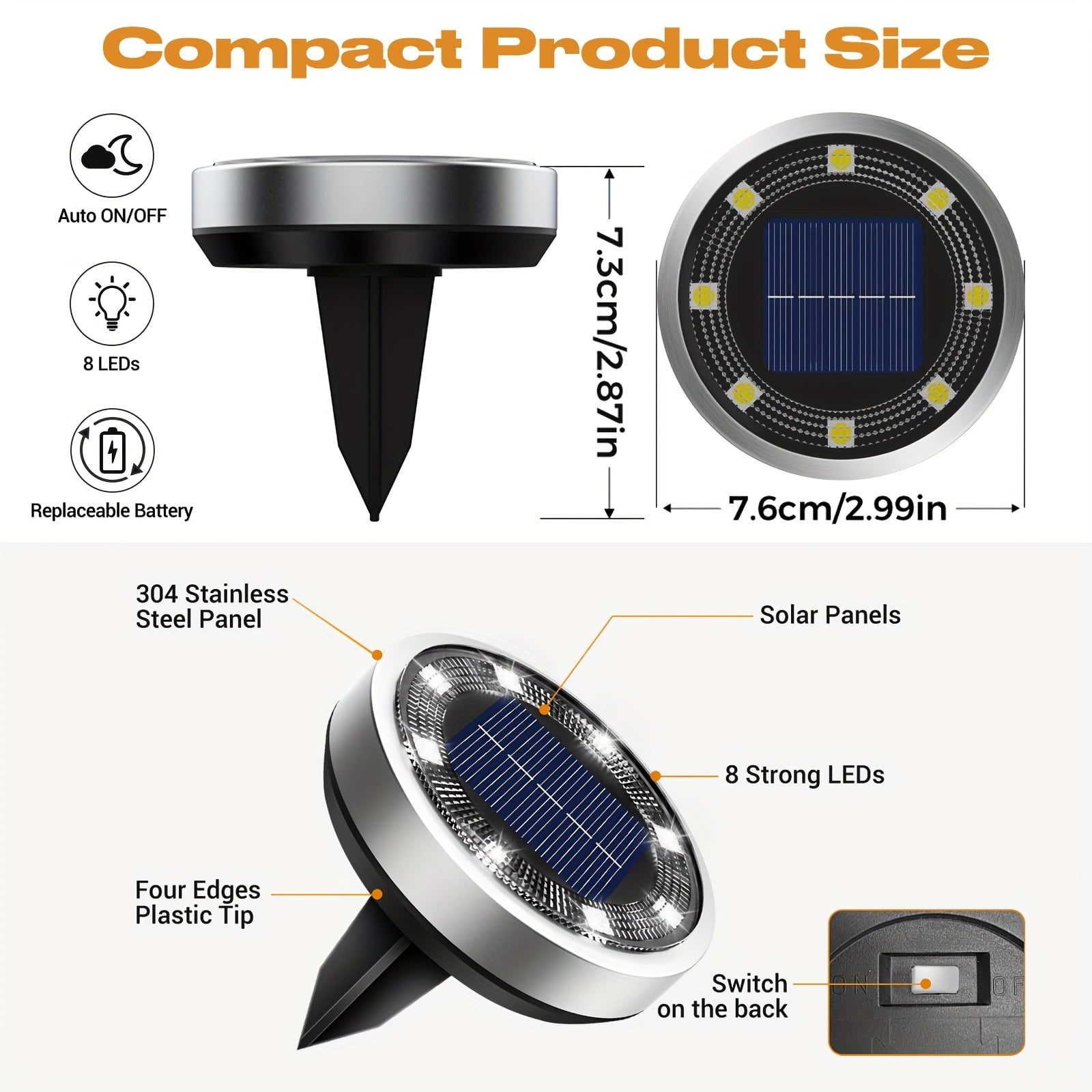 4 Pack Solar Ground Lights Outdoor - 8 LED Solar Pathway Lights with Auto On/Off, IP44 Waterproof, Warm White for Garden, Walkway, Driveway, Stairs & More