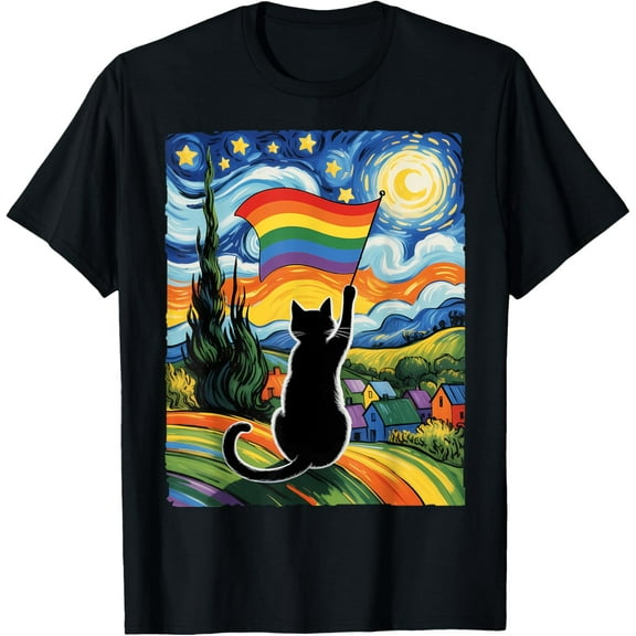 Gay Pride Cat Art Cat Starry Night Style LGBTQ Pride Support T-Shirt Tee
