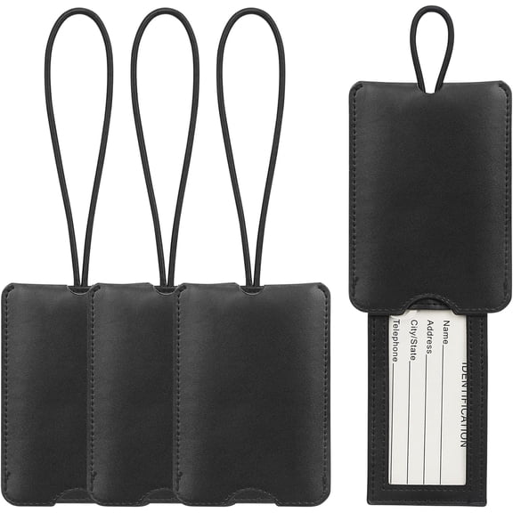Luggage Tag - 4 Pack PU Leather Luggage Tags for Suitcases with Name ID Card Travel Tags Labels with Privacy Cover for Baggage Handbag School Bag Suitcase Black